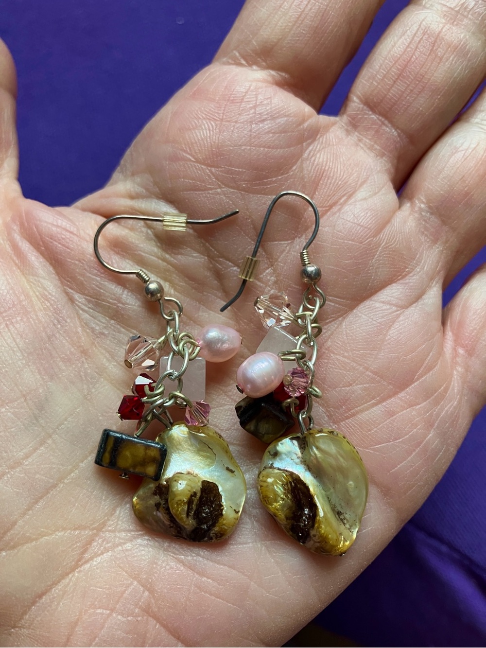 Anthropologie Golden Brown Shell & Pink Crystal Dangle Earrings